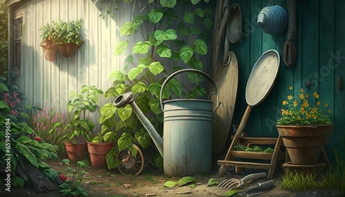 watering tool backyard gardening vegetables, green flora, farmlife design illustration