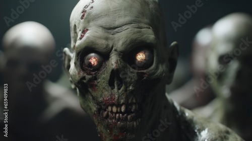 close up shot zombie in the night, rotten meat face mask for Halloween, glowing eyes staring green skin