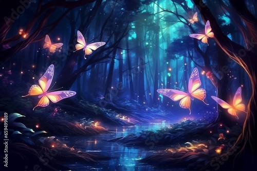 Fireflies and butterflies fluttering in the night fantasy magical forest. Fairy tale concept, neon lights, 3d rendering elements