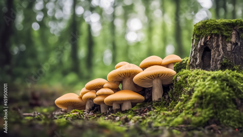 Mushrooms adjacent to a tree trunk with moss photo