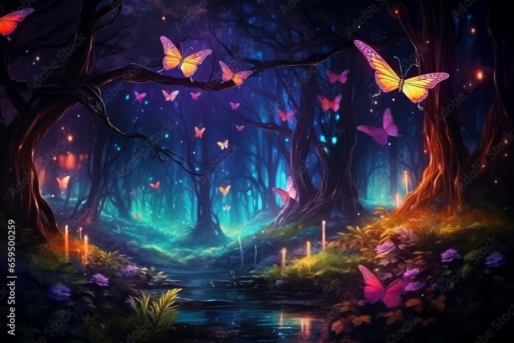 Fireflies and butterflies fluttering in the night fantasy magical forest. Fairy tale concept, neon lights, 3d rendering elements