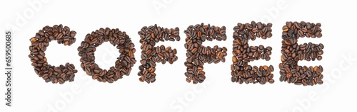 The word coffee made out of coffee beans with a white background