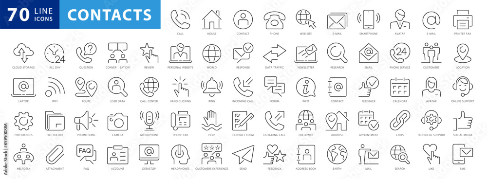 Set of 54 Contact Us web icons in line style. Web and mobile icon. Chat, support, message, phone. Vector illustration - obrazy, fototapety, plakaty 