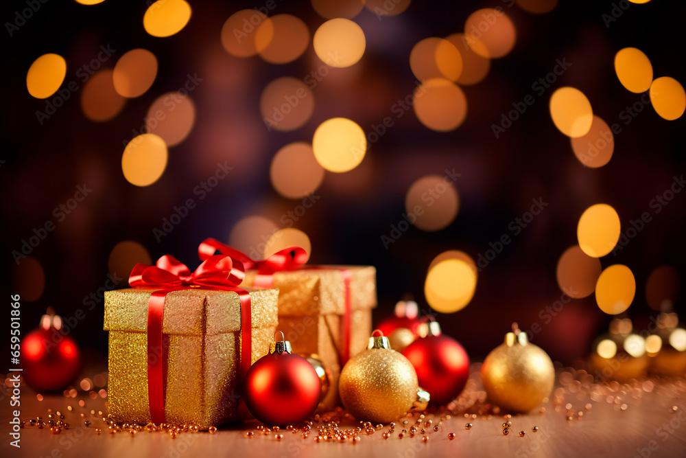 Festive Christmas decorations, including red and gold ornaments, twinkling lights, and beautifully wrapped gift boxes, adorn the room, creating a holiday ambiance with bokeh lights and stars
