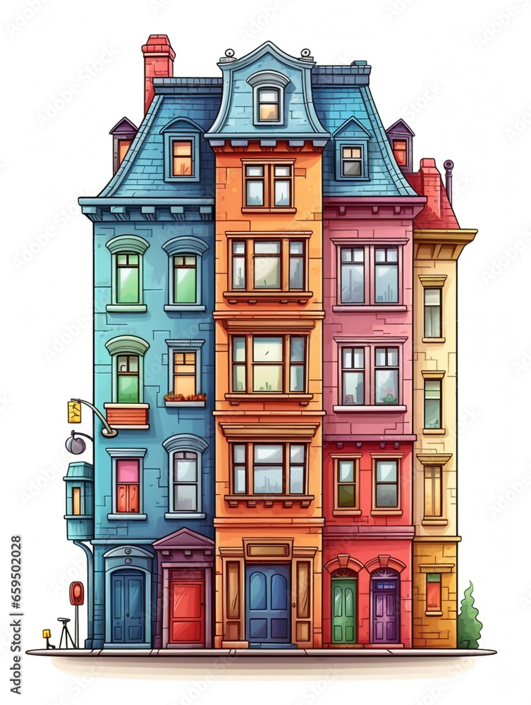 Illustration of the front view of a low density apartment. Children's style drawing with a white background.