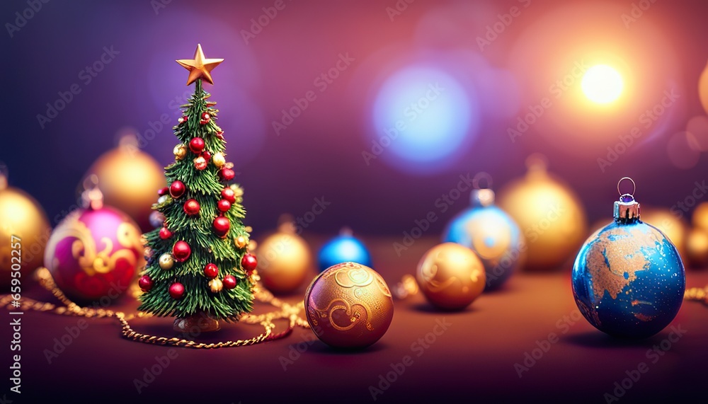 christmas tree decorations, concept art, copy space, Ornaments and Defocused Lights Background