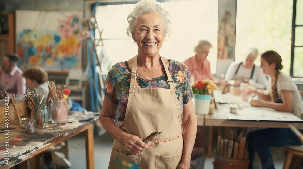 Smiling retired woman taking painting classes in an art studio. She has white hair and wears a beige apron. Image generated with AI - obrazy, fototapety, plakaty 