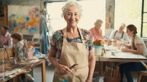 Smiling retired woman taking painting classes in an art studio. She has white hair and wears a beige apron. Image generated with AI