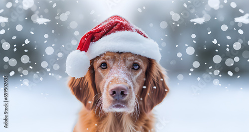 Um lindo cachorro com gorro de papai noel com neve no seu focinho e neve ao fundo