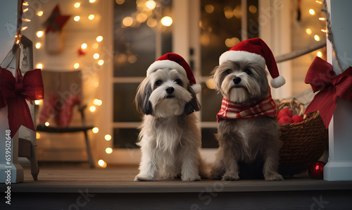 Dois lindos cachorrinhos com gorro de papai noel sentados em frente uma casa iluminada para o natal