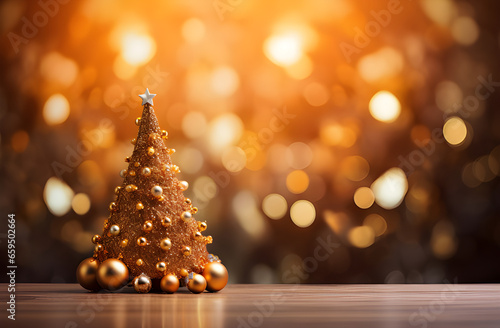 Uma linda Arvore de Natal dourada com fundo de luzes desfocadas