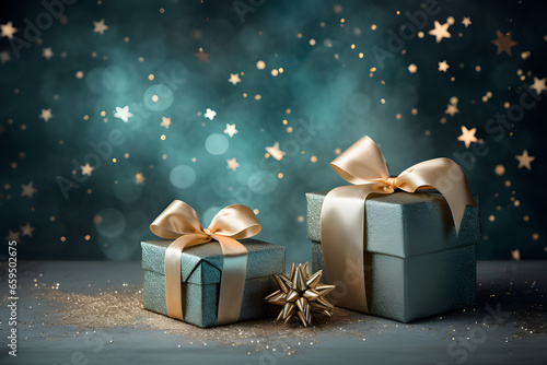 Presentes de Natal em tons de azul com laços dourados em fundo de luzes e estrelas em tons de azul e dourado photo