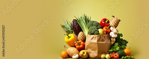 Healthy food in paper bags, Shopping  supermarkets and clean vegan,
Wholesome Food in Eco-Friendly Bag, Fresh Organic Vegetables and Fruits, 
Grocery packages with vegetables and cereals