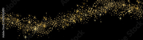 Gold glitter. Gold Foil Frame. Golden sparkle confetti. Shiny glittering dust. Gold sparkle snow splatter border. Gold brush stroke on transparent background.
