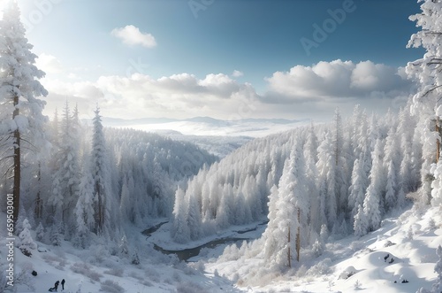 Snow Mountain in the winter with cold frost Glacier and blue sky, frozen lake and snowflake on pine in alps mount