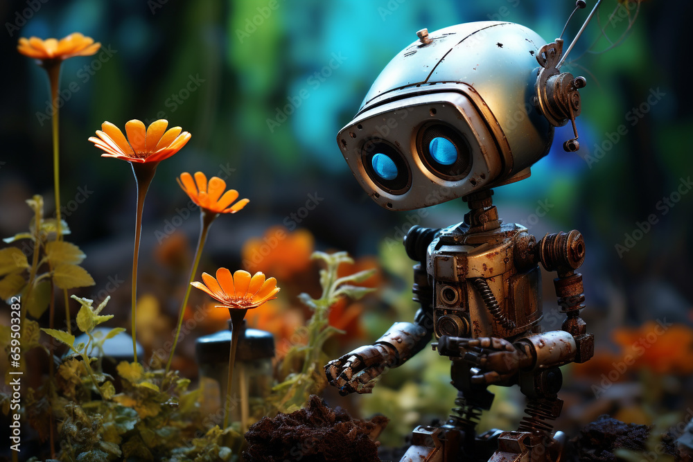 A tiny and small humanoid robot which performs gardening in the garden. Idea of automation through robotics. Future tech and artificial intelligence made with Generative AI A tiny and small humanoid robot which performs gardening in the garden. Idea of automation through robotics. Future tech and artificial intelligence made with Generative AI