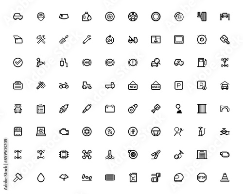 Set vector line icons with open-path car service, auto repair, and transport elements for mobile concepts and web apps. Editable vector.