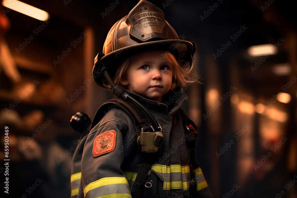 A child in a fireman's suit. Future firefighter. A child in a fireman's suit. Future firefighter.