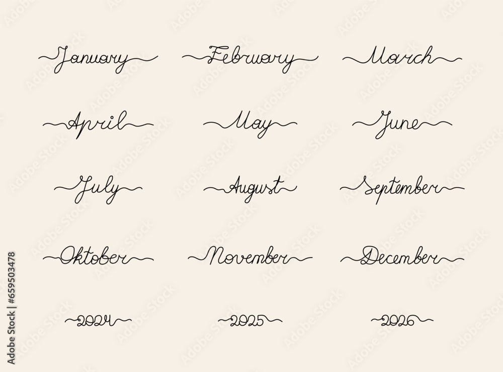 Handwritten months and years 2024, 2025, 2026 in continuous lettering style. Vector illustration, every object isolated - obrazy, fototapety, plakaty 