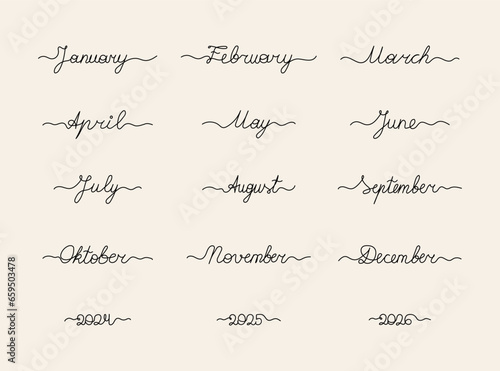 Handwritten months and years 2024, 2025, 2026 in continuous lettering style. Vector illustration, every object isolated