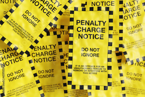 Pile of yellow penalty charge notices. Illustration of the concept of parking tickets for illegal parking