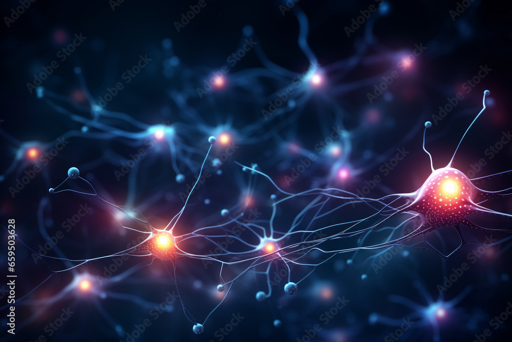 Neuronal cells forming a neural network. cells which communicate with each other and learn from each other. Future tech and artificial intelligence made with Generative AI - obrazy, fototapety, plakaty 