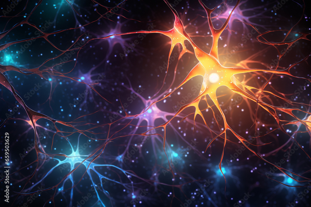 Neuronal cells forming a neural network. cells which communicate with each other and learn from each other. Future tech and artificial intelligence made with Generative AI