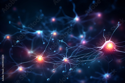 Neuronal cells forming a neural network. cells which communicate with each other and learn from each other. Future tech and artificial intelligence made with Generative AI photo