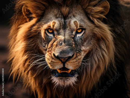 A closeup shot of a fierce expression on a lion's face, captured from a lower angle.