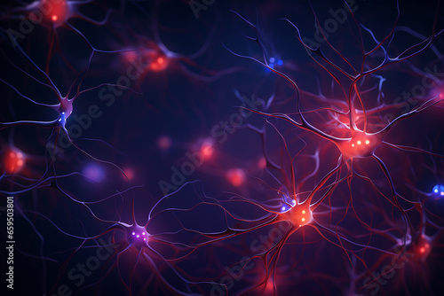 Neuronal cells forming a neural network. cells which communicate with each other and learn from each other. Future tech and artificial intelligence made with Generative AI