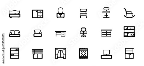 Set icons of flat furniture. vector illustrations Outline signs of house interior.