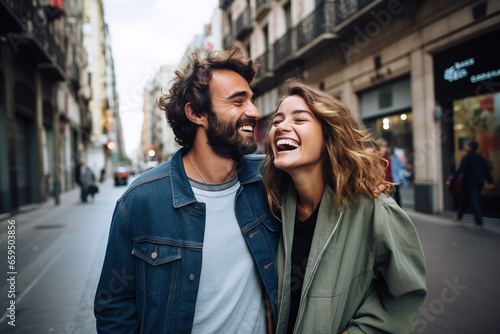 Young Beautiful couple laughs happily and walks through the streets of Barcelona © muzhchil