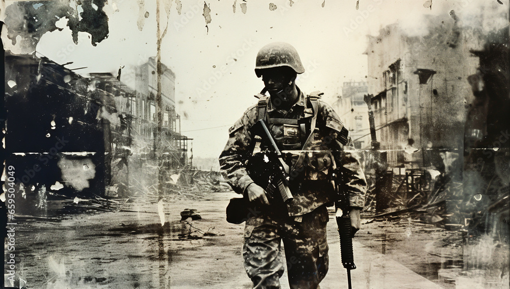 WAR, SOLDIER IN A DESTROYED CITY, HORIZONTAL FUTURISTIC IMAGE. image created by legal AI WAR, SOLDIER IN A DESTROYED CITY, HORIZONTAL FUTURISTIC IMAGE. image created by legal AI