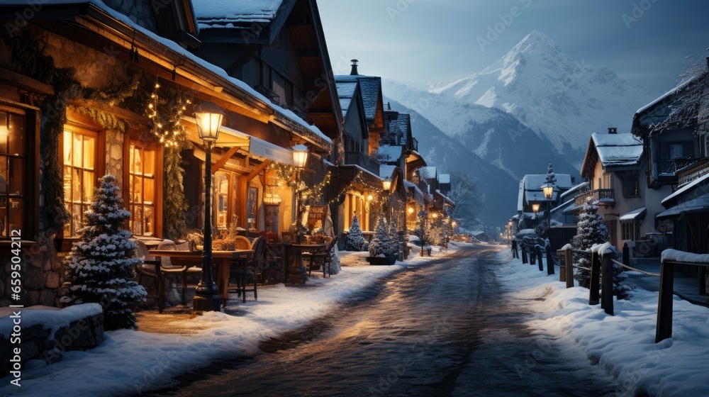 Snowy mountain village with Christmas lights   , Background Image,Desktop Wallpaper Backgrounds, HD