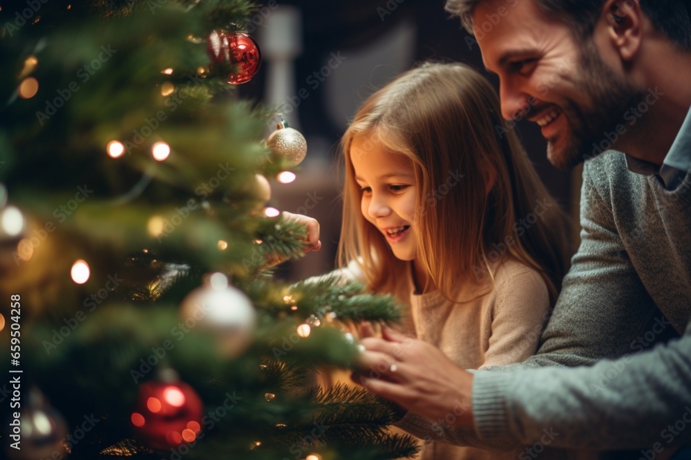 A father with his daughter decorating a Christmas tree A father with his daughter decorating a Christmas tree