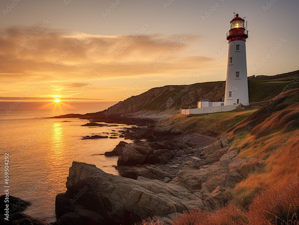 A serene dawn scene featuring a classic coastal lighthouse with a vintage touch, captured in AR technology.