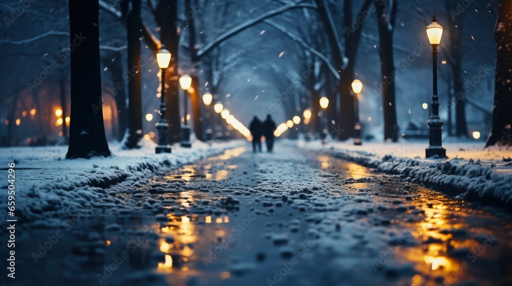 Naklejka premium Snowy street in the city Urban winter street scene, Background Image,Desktop Wallpaper Backgrounds, HD