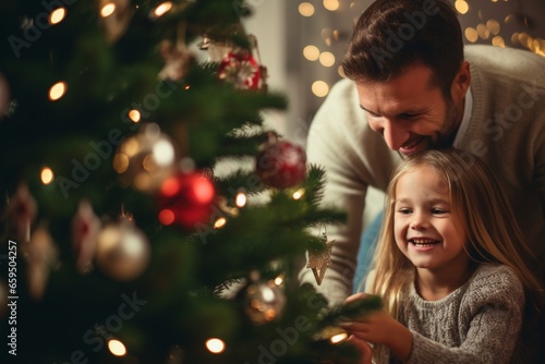 A father with his daughter decorating a Christmas tree