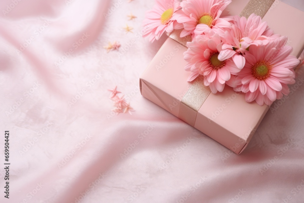 Pink gift box with pink flower with copy space on pink silk. Elegant, sophisticated. Card notes. Greeting card. Valentine's Day, Women's Day. Pink gift box with pink flower with copy space on pink silk. Elegant, sophisticated. Card notes. Greeting card. Valentine's Day, Women's Day.