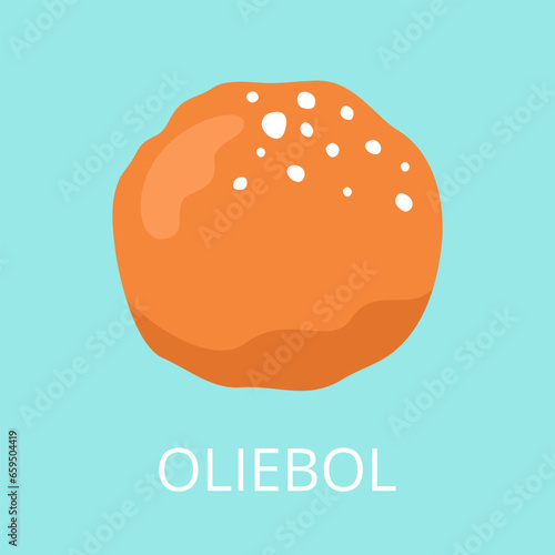 Oliebol. Dutch traditional doughnut with sugar. Typical fried sweet dessert for New Year celebration. Vector cartoon illustration.