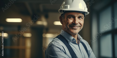 Portrait of a male engineer in a white helmet on a construction site or factory. Man Builder, Architect, Manager in a hardhat. Men at work, copy space