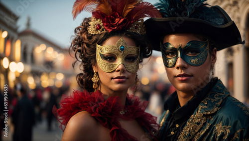 Bellissima coppia con maschere e costumi a una festa del carnevale di Venezia di sera photo