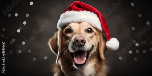 Photo of a dog wearing a festive Santa hat with a joyful expression created with Generative AI technology