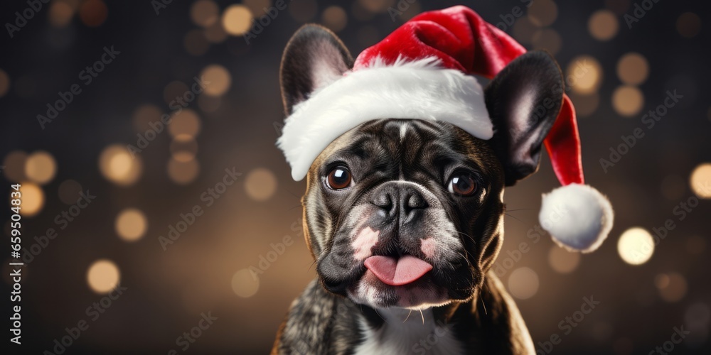 Photo of a dog wearing a festive Santa hat with a joyful expression created with Generative AI technology