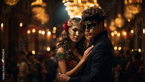Bellissima coppia con maschere e costumi a una festa del carnevale di Venezia di sera photo