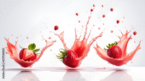 Sweet fresh strawberry juice or jam splash swirl with strawberry. Red berry juice splashing, strawberries juice isolated photo