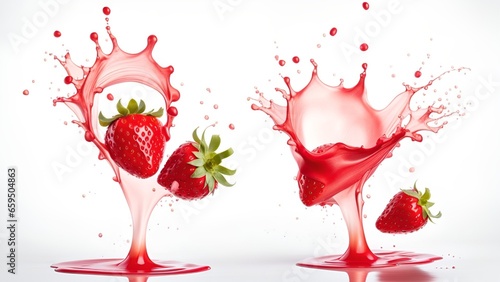 Sweet fresh strawberry juice or jam splash swirl with strawberry. Red berry juice splashing, strawberries juice isolated