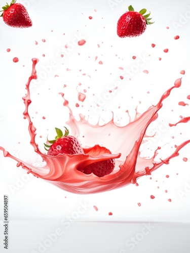 Sweet fresh strawberry juice or jam splash swirl with strawberry. Red berry juice splashing, strawberries juice isolated