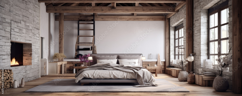 Bedroom interior design with wooden beams in ceiling and hardwood floor. Bedroom interior design with wooden beams in ceiling and hardwood floor.