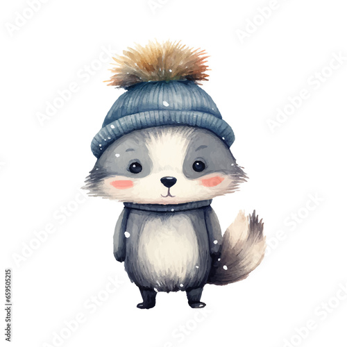 Vector watercolor winter racoon in sweater and warm hat, scarf design for new year card, merry christmas card, cute amimal character isolated on white winter friends animals trendy 
